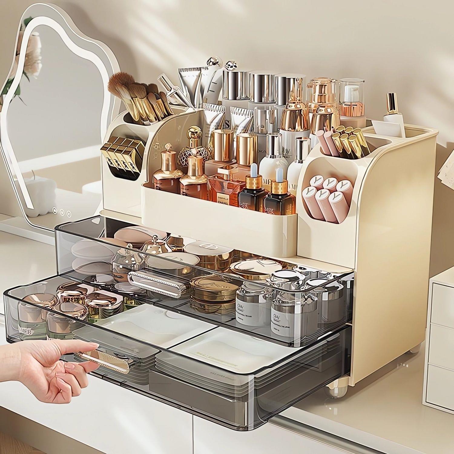 拉萨发货透明抽屉式化妆品收纳盒子大容量护肤品桌面梳妆台口红防