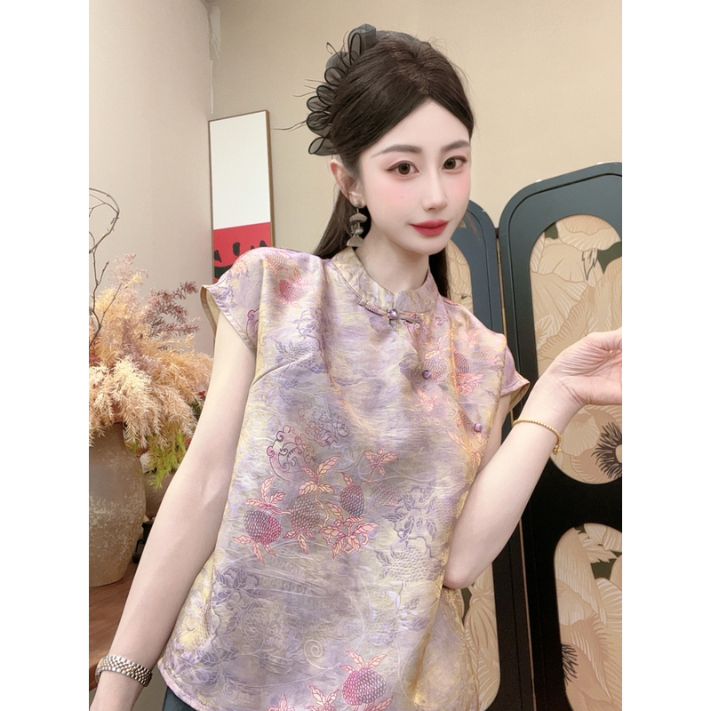 【紫薇】2025夏季新款短袖百搭显瘦新中式短袖女日常时尚气质