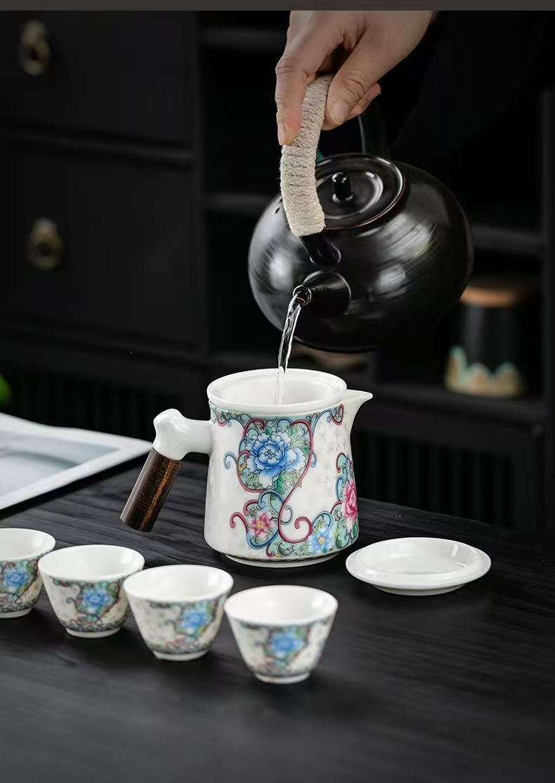 磁州窑掐丝牡丹红木手把快客杯旅行茶具套装带包便携实用