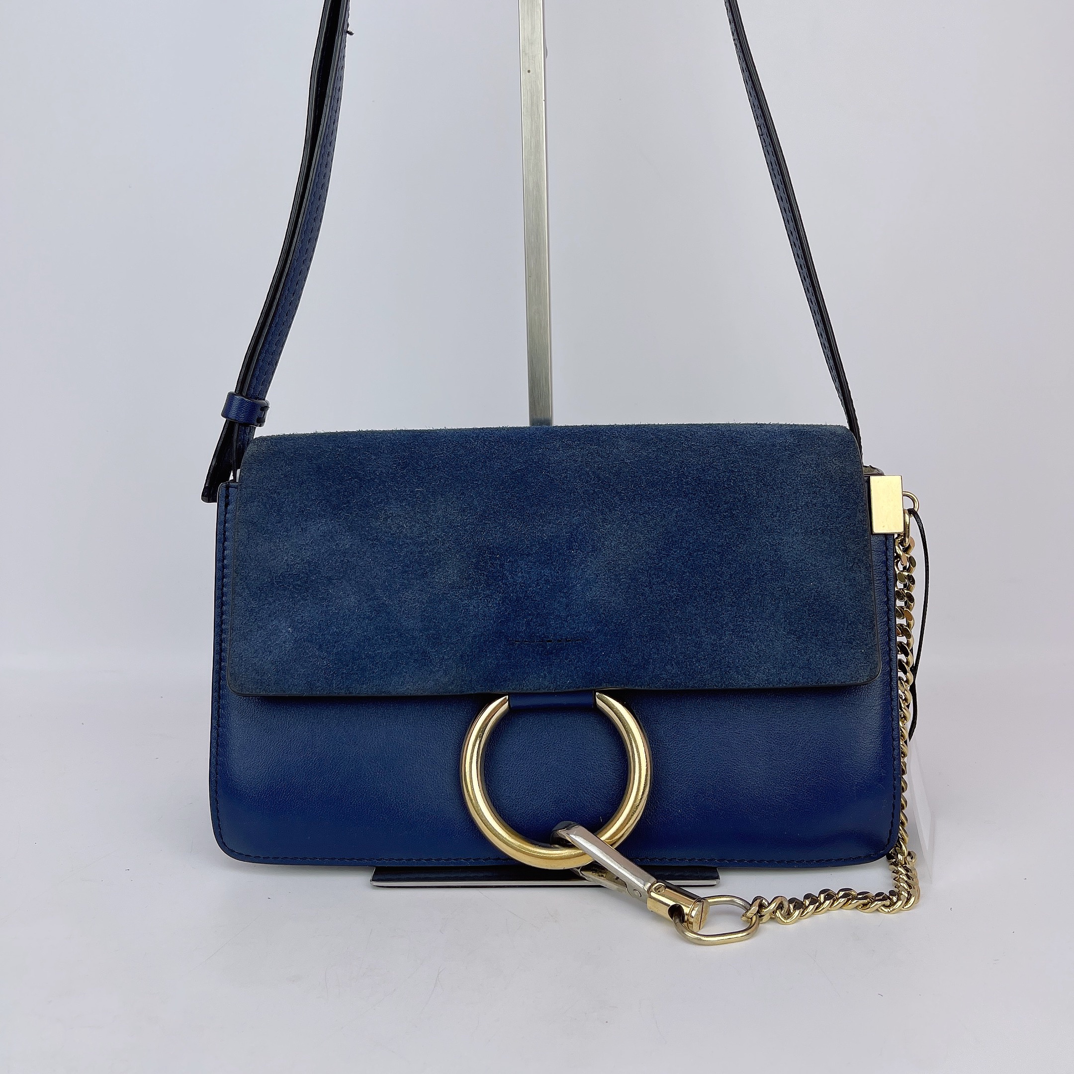 95新 Chloe/蔻依 蔻依 蓝色牛皮圆环单肩包底长24 E920