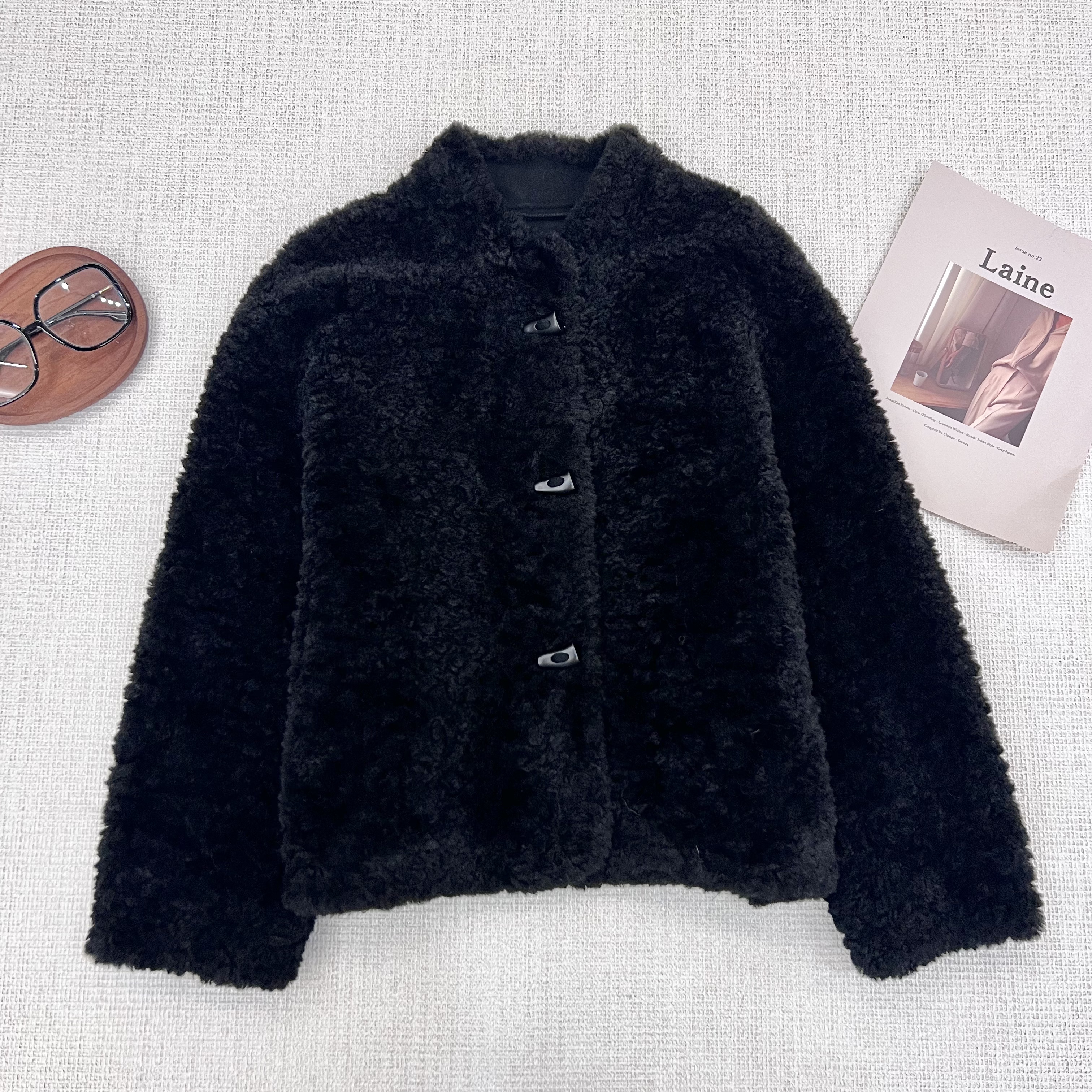 【叶子服饰】秋冬新款时尚黑色大气卷卷毛百搭洋气外套25294