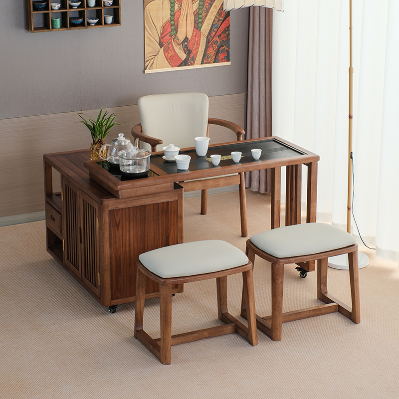 旋转阳台茶桌胡桃木全实木新中式茶桌烧水壶一体客厅茶室茶桌组合