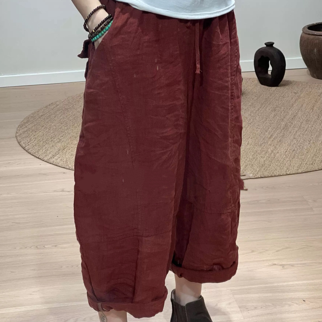 秋季新款高定亚麻宽松休闲裤经典文艺萝卜裤老爹裤长90 臀围142