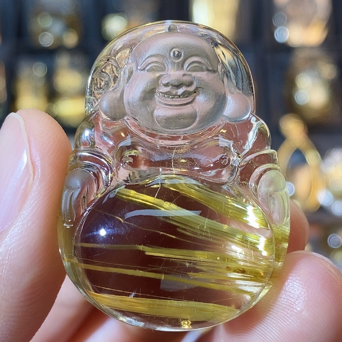 水晶颈饰未镶嵌天然钛晶板钛弥勒佛吊坠