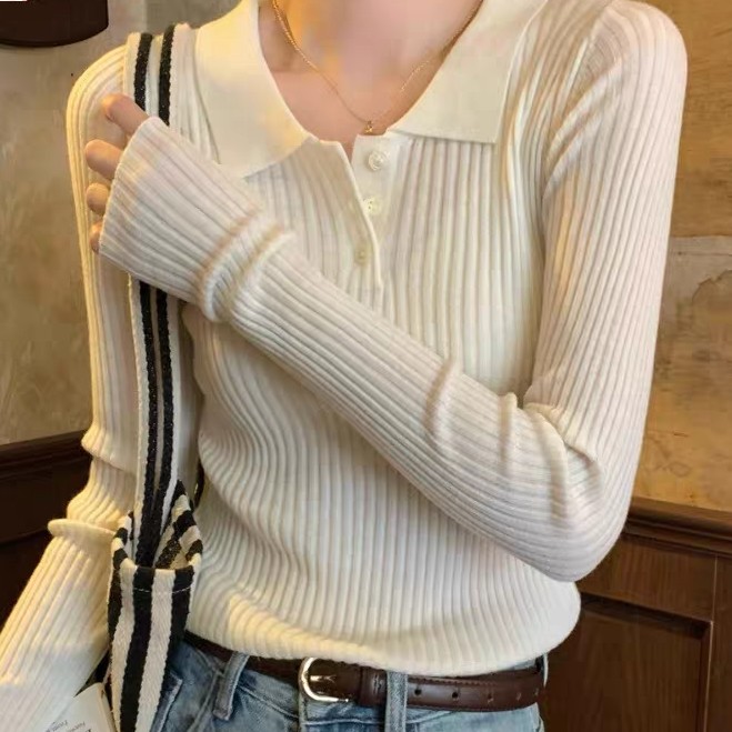 精纺坑条polo翻领套头针织打底衫修身