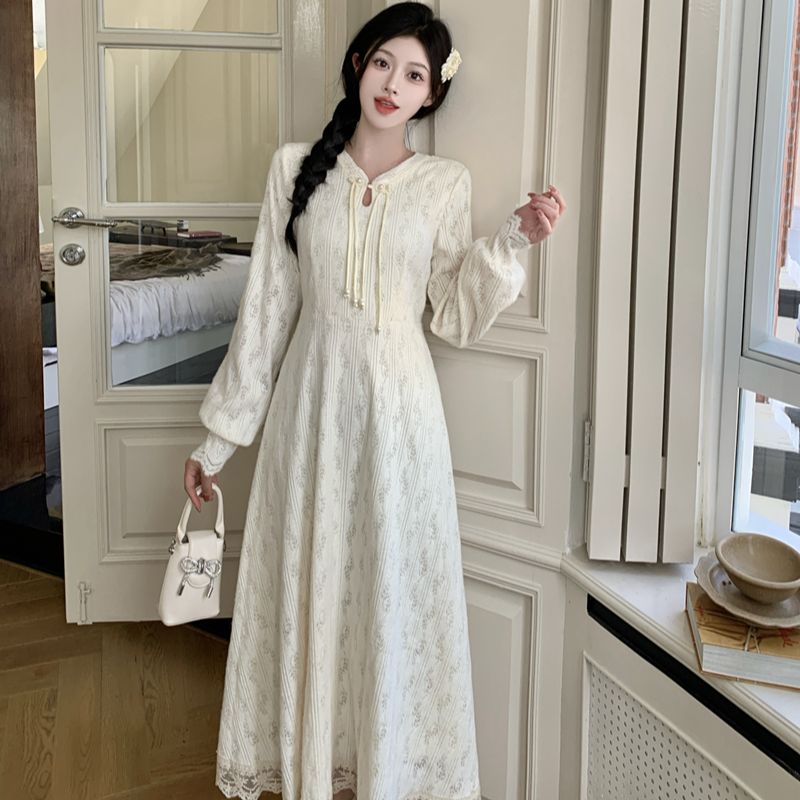 【季末青苍】C-6116大码新中式收腰显瘦内搭杏色连衣裙