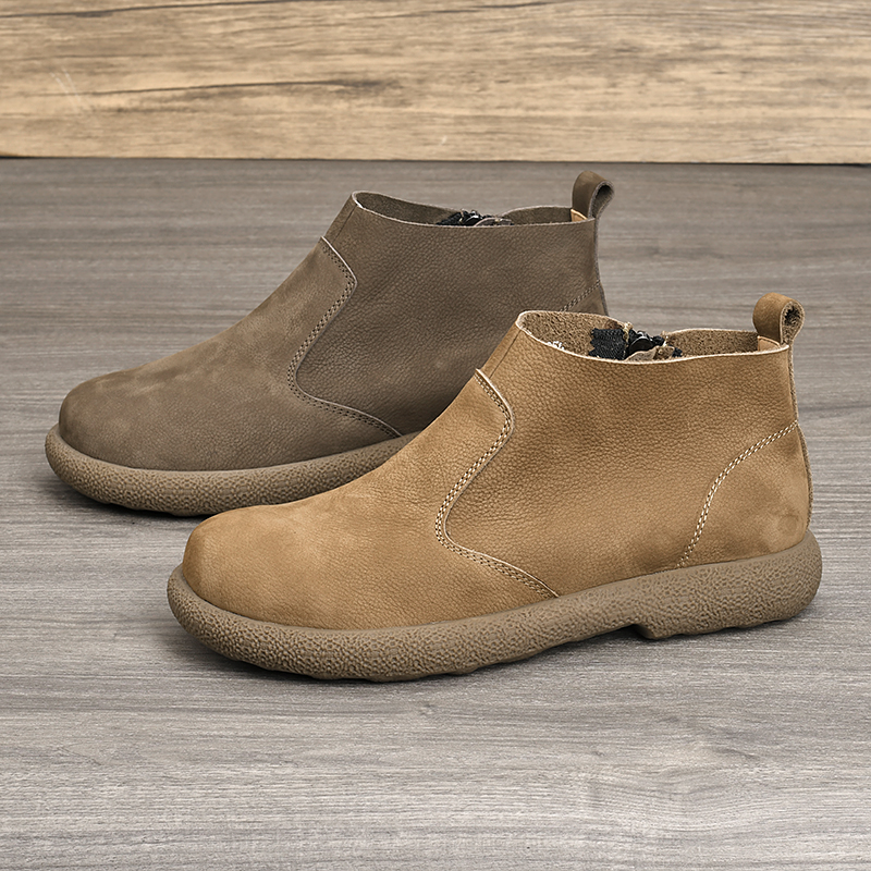 侧拉链男士马丁靴中帮圆头真皮透气复古风男鞋秋季头层牛皮靴子男