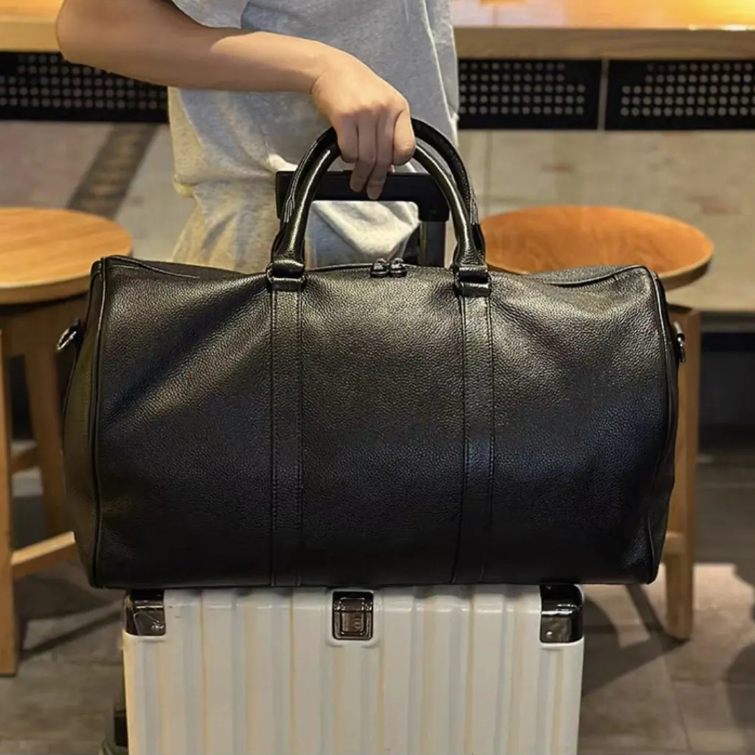 手提款头层牛皮手抓纹商务旅行包大容量短途出差复古车缝线男士