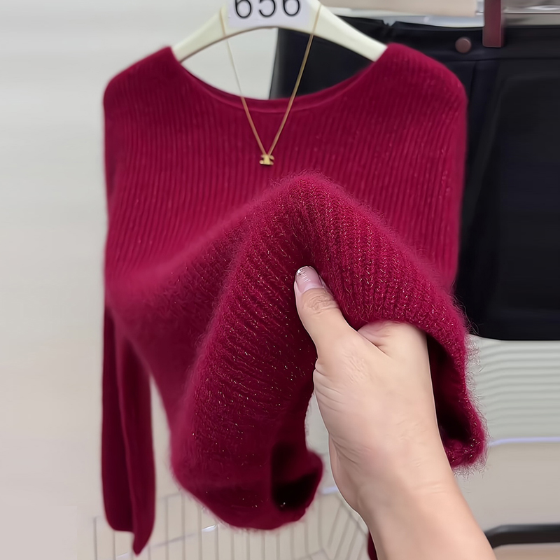 羊毛衫女亮丝针织上衣2025秋冬洋气宽松显瘦一字领套头打底毛衣潮