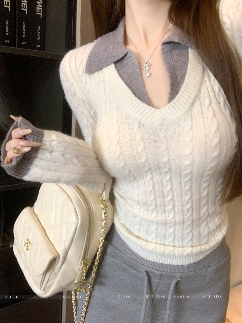 纯欲风撞色假两件拼接v领针织衫女冬季毛衣设计感长袖打底上衣女