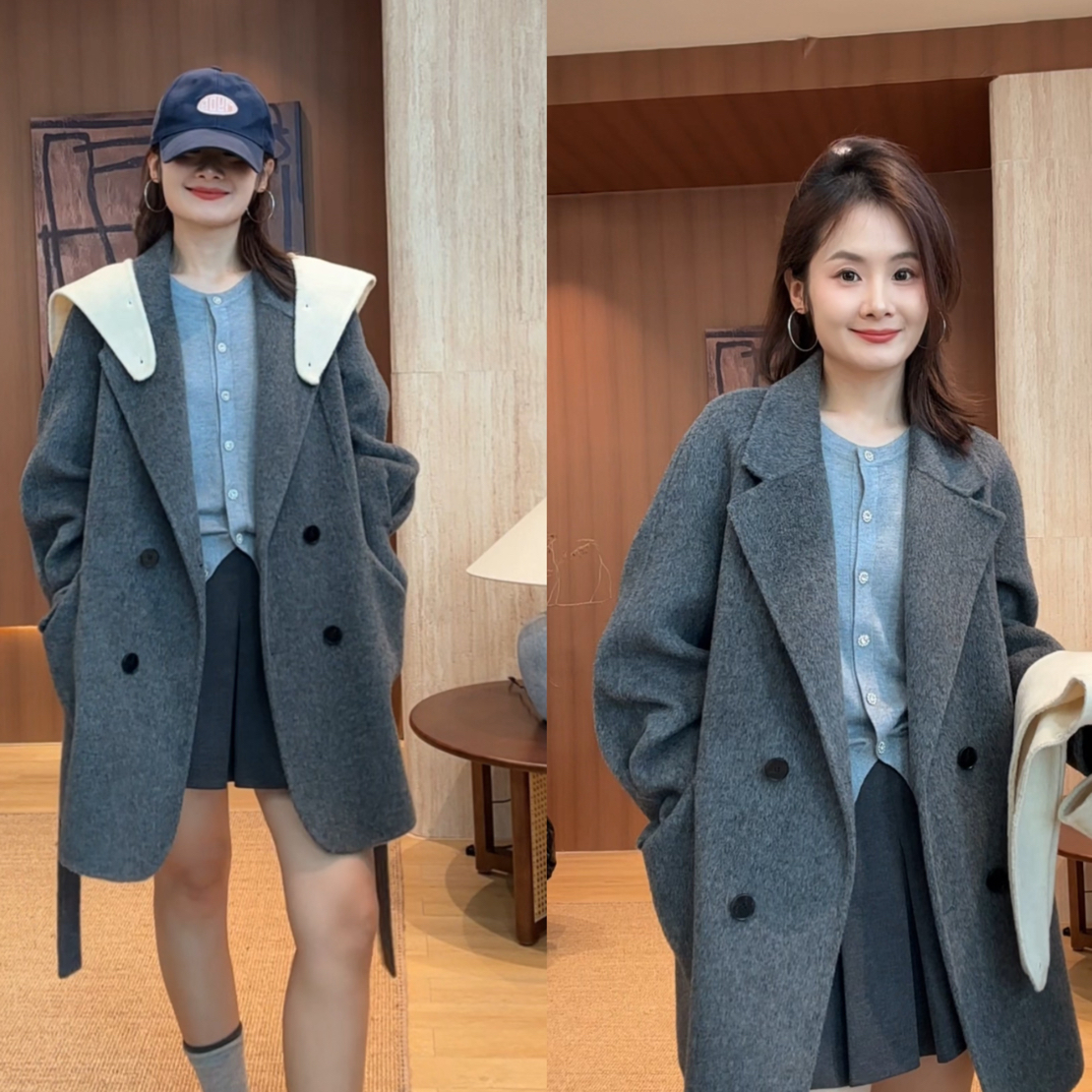 【西装连帽】帽子可拆卸100%双面羊毛大衣一衣两穿
