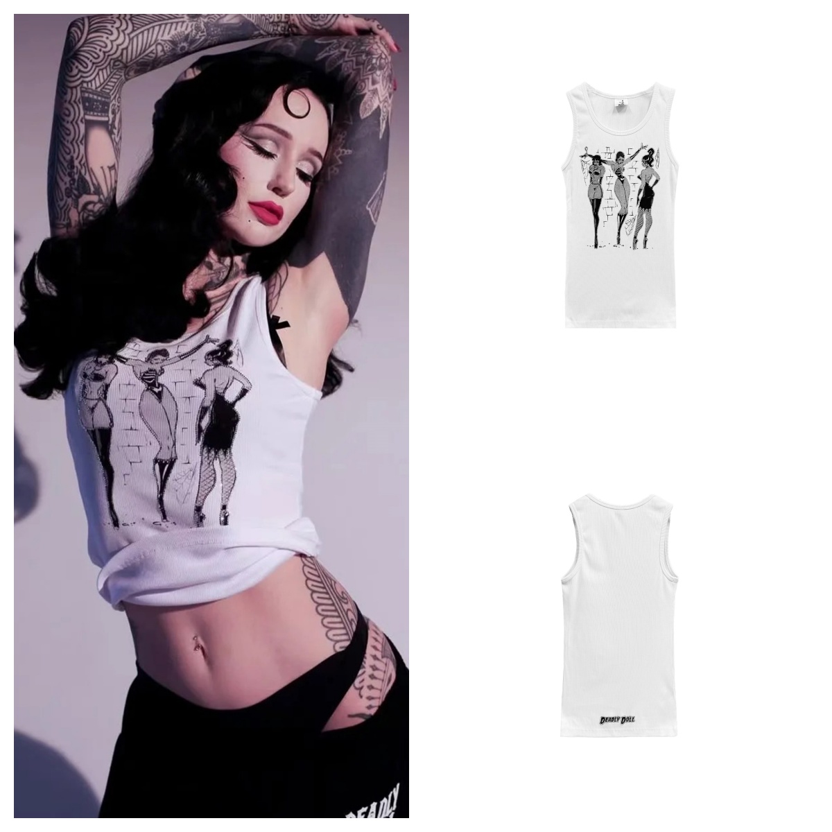 Deadly Doll 女郎素描水钻背心 白色