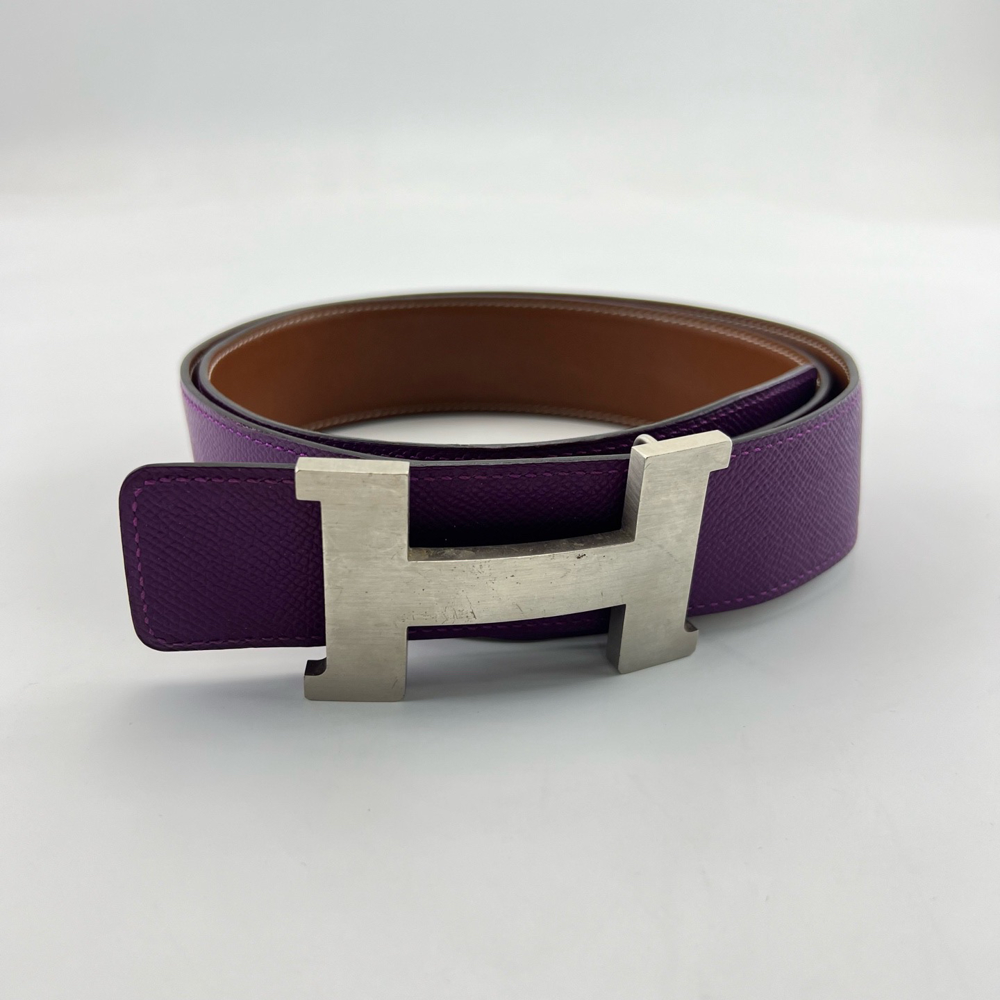 95新 Hermes/爱马仕 100cm×4cm/紫色平滑扣双面H腰带/14383332
