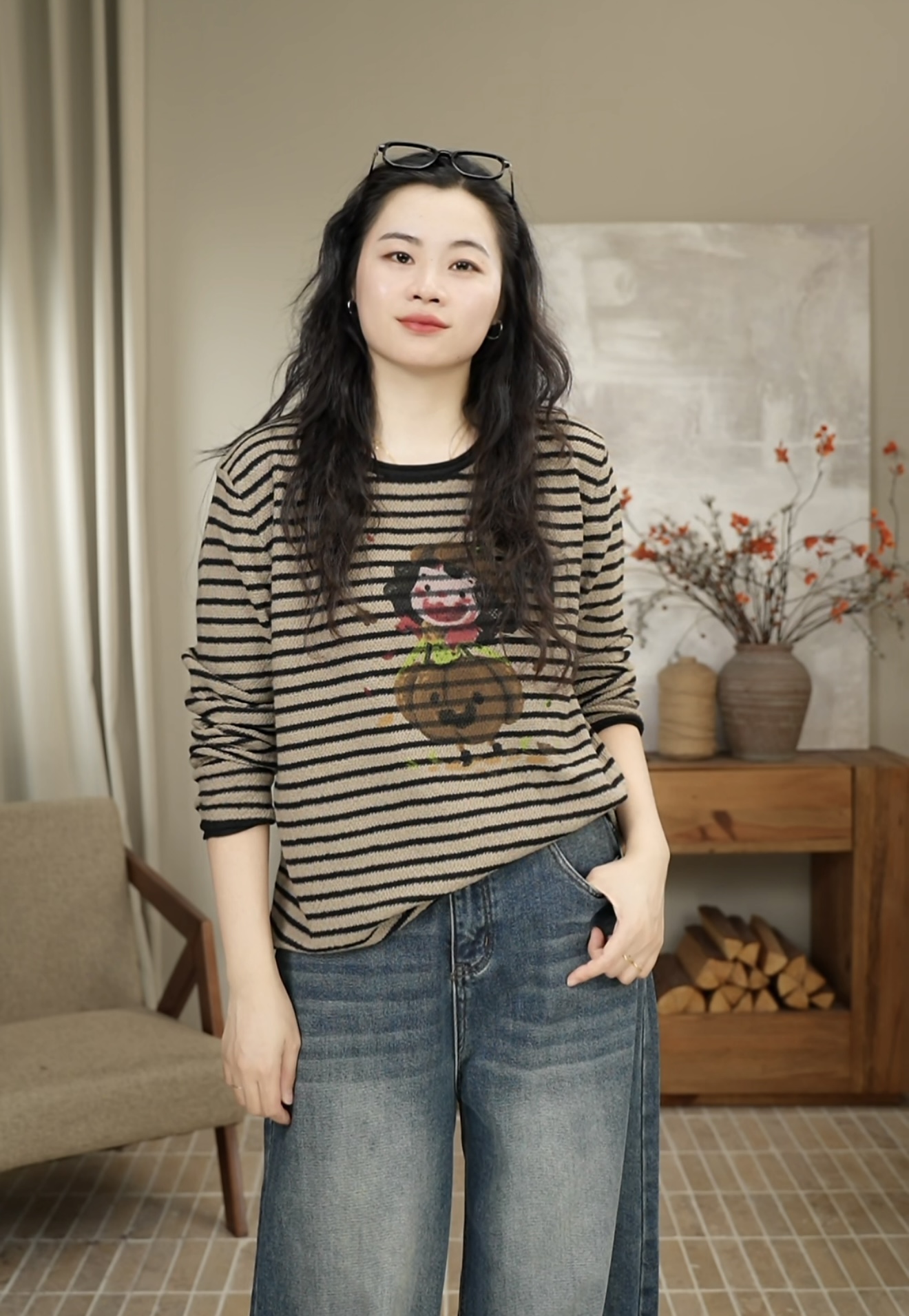 九月JIUYUE秋冬条纹复古卡通印花女孩慵懒针织套头上衣女 9527-1