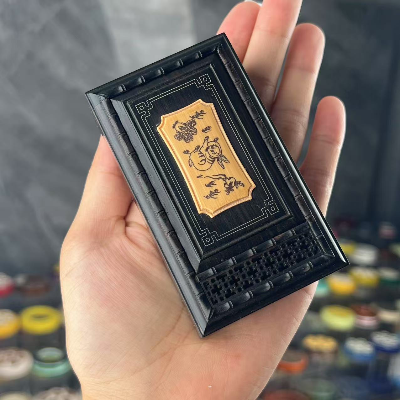 张圣林紫光檀黑檀单格银丝嵌竹镶骨金钟竹蛉盒 91x53x30mm