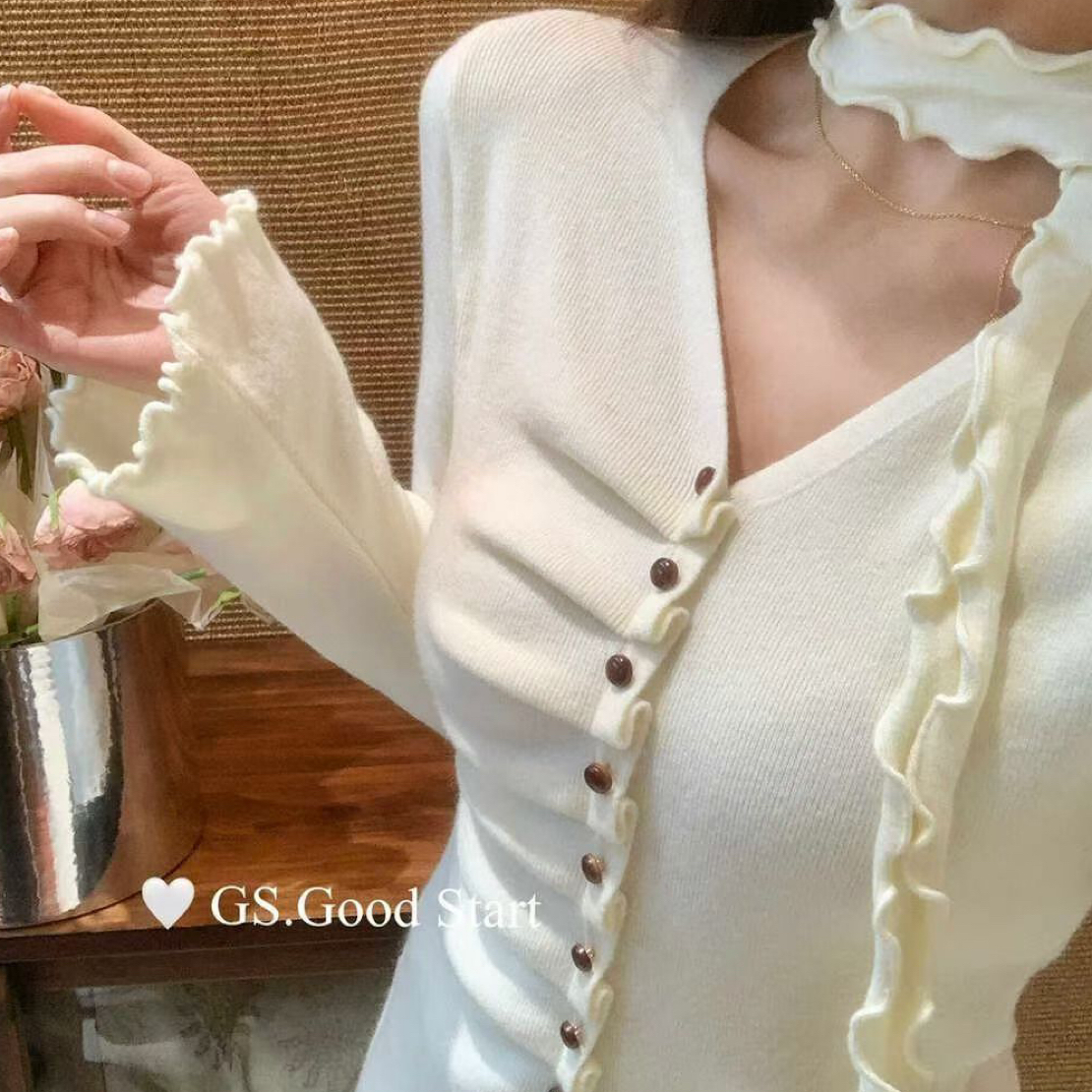 毛针织衫冬季女针织常规适中奶油系薄纱针织衫V领