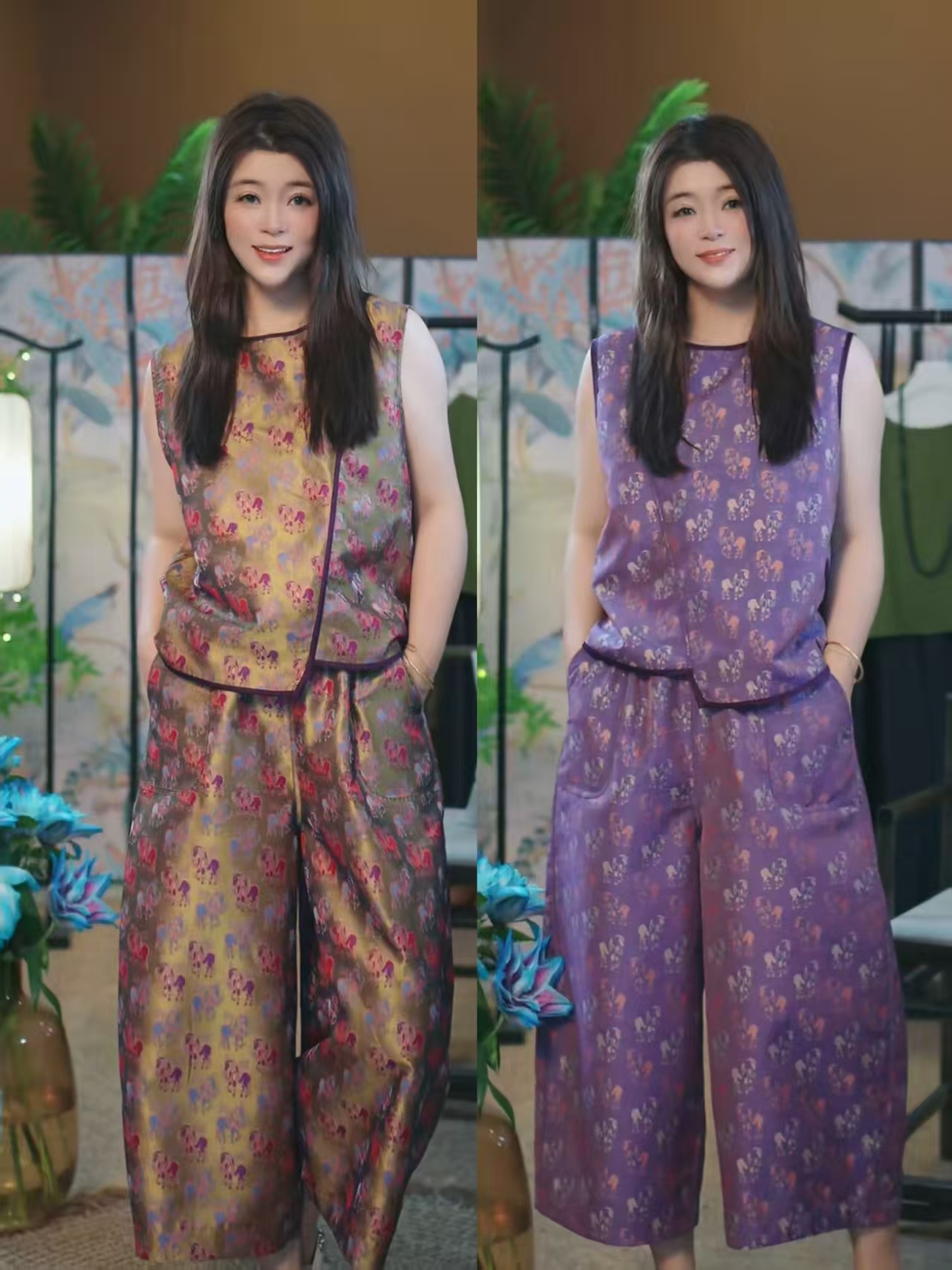 杯子家《马到成功花苞裤》异色罗两面穿休闲洋气百搭女款