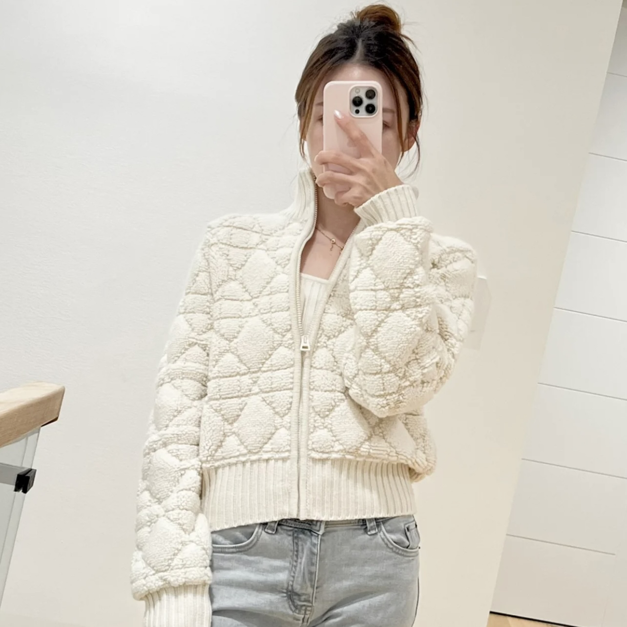 99新 DIOR/迪奥 ww66 爆款菱格蜜蜂刺绣拉链针织外套 34码 羊毛