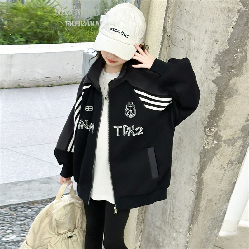 女童秋季外套2025新款女孩立领长袖开衫中大童宽松夹克洋气棒球服