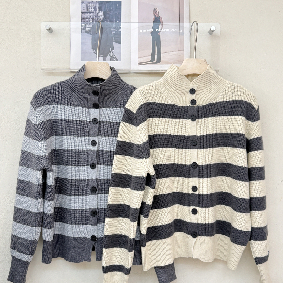 15X56O立领条纹针织开衫外套韩版宽松气质显瘦百搭毛衣(衣长58)