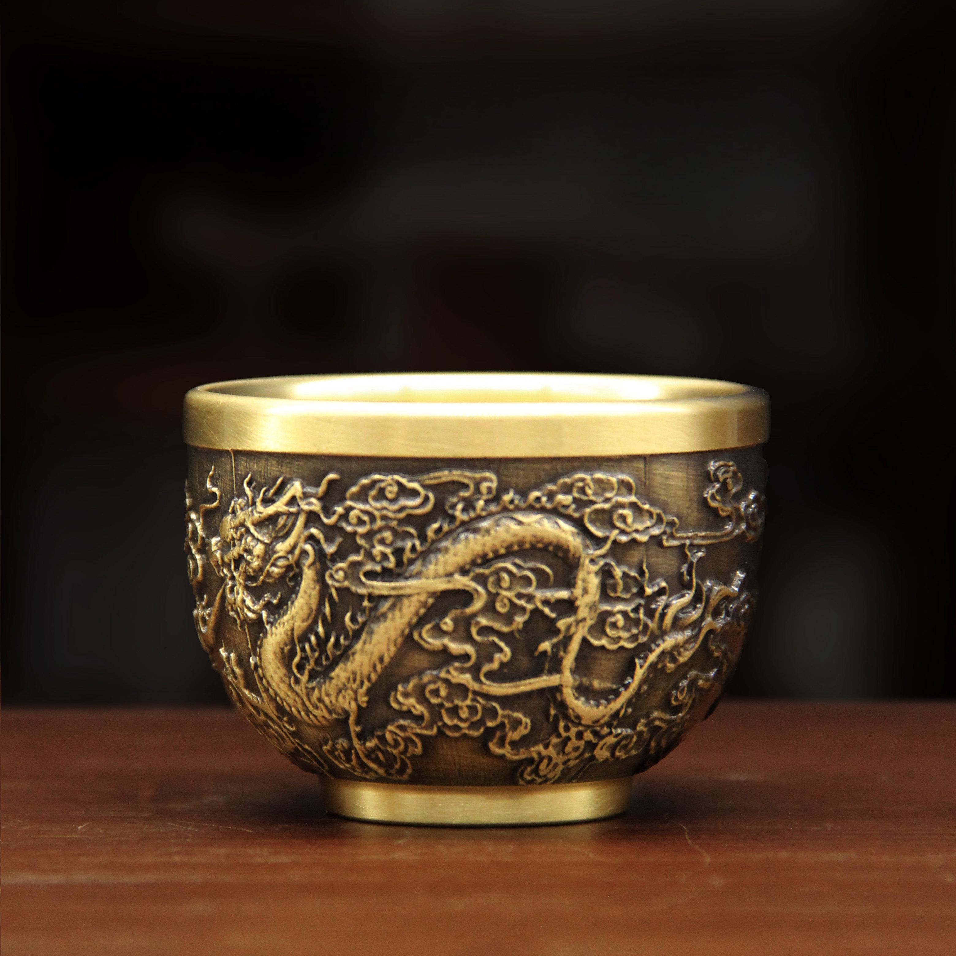 壹心铜 黄铜《龙凤杯古》百福杯茶桌创意摆件 供桌小茶杯酒杯福利