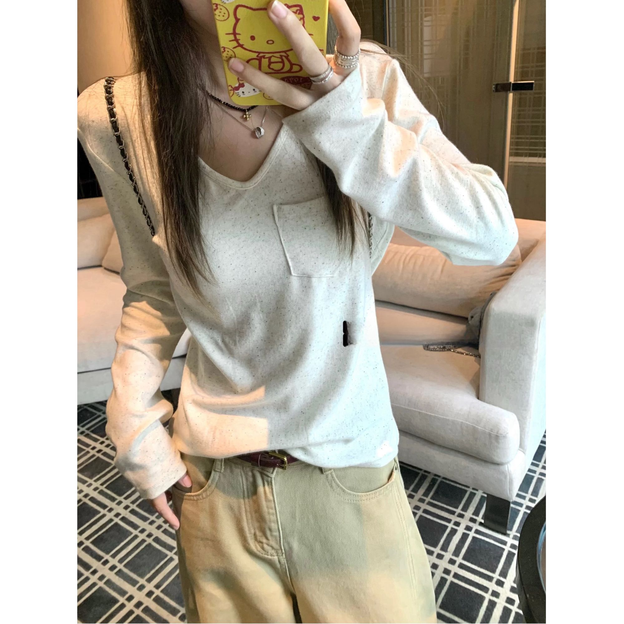 百搭超柔慕斯触感口袋打底上衣女秋百搭长袖T恤#Y8639