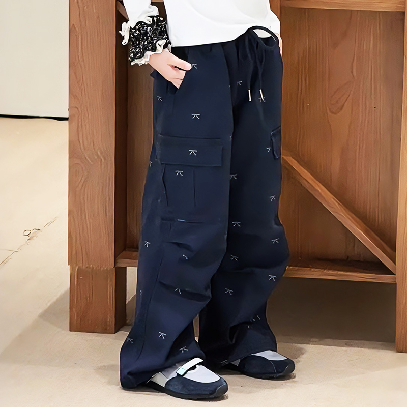 女童韩系秋季蝴蝶结工装裤儿童大童长裤2025新款14岁女孩裤子