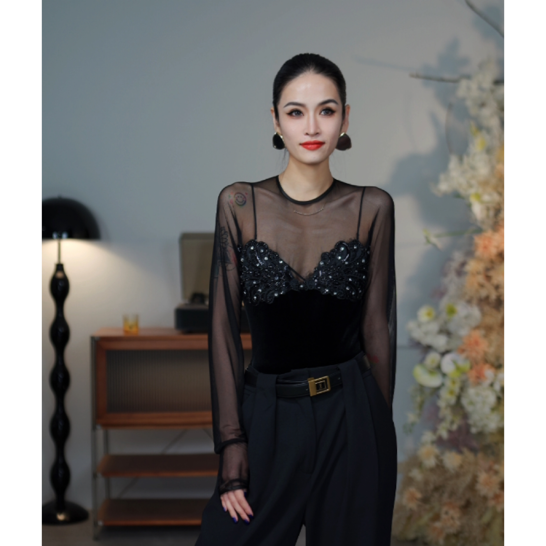 CHENG.程3店【夜幕之下】网纱透明连体衣黑色网纱外穿薄款亮片T恤