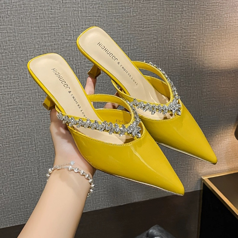 水钻设计感尖头细跟高跟鞋女包头凉拖软底2025年新款舒适636-1