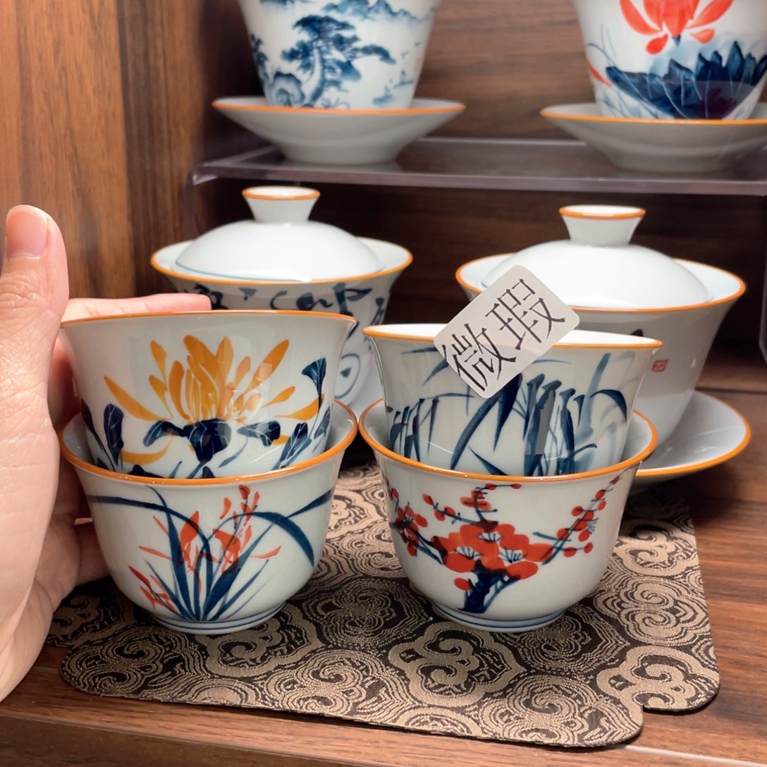 釉下手绘茶具微瑕