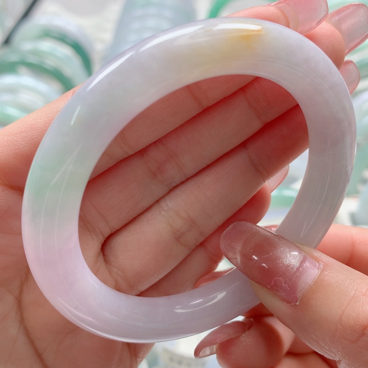 翡翠手镯未镶嵌完美冰紫底飘阳绿洒金圆条52.53