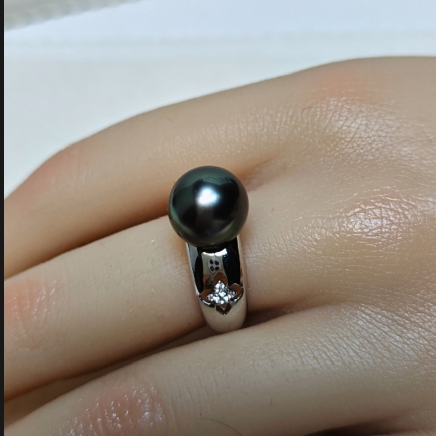 10-11mm海水大溪地黑珍珠戒指铂金灰色s925银戒托开口戒强光时尚