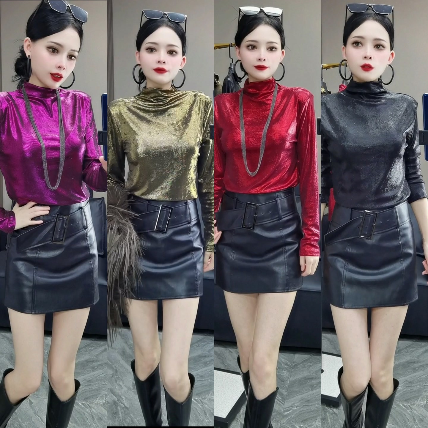 25238#欧洲站烫钻半高领烫金亮面上衣女新款修身洋气长袖打底衫