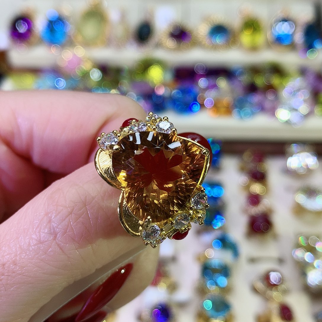 黄晶戒指银S925镀金镶嵌妞*