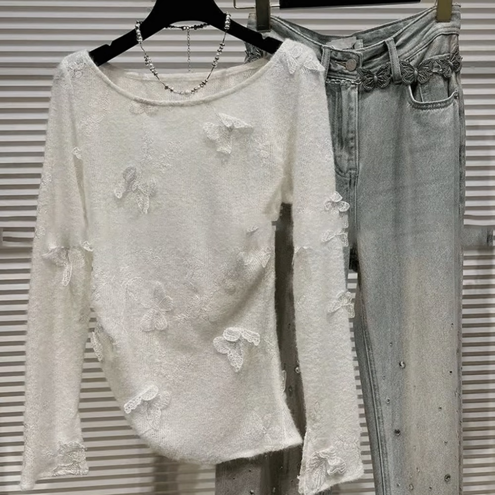 <猪猪出品>新款斜打底气质重工刺绣蝴蝶针织镂空衫上衣