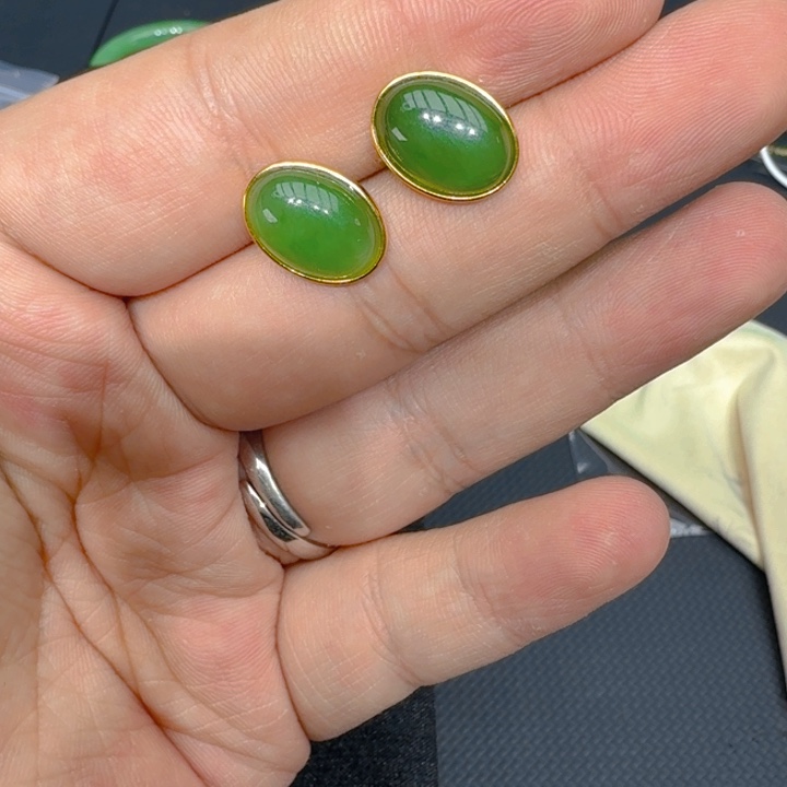 和田玉（碧玉）耳饰银S925镀金镶嵌