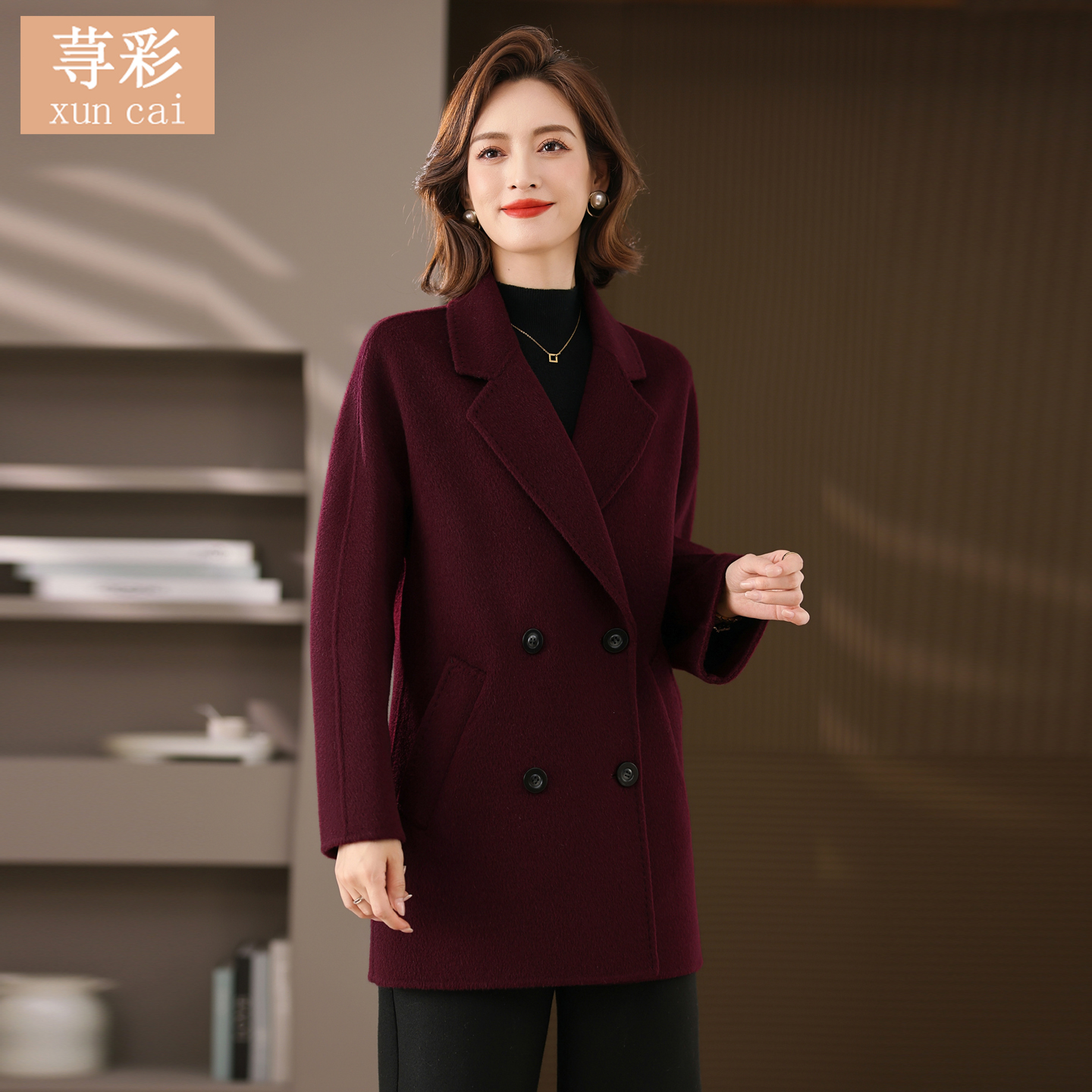中年妈妈秋冬西装领新款时尚骆驼绒气质毛呢外套高端双面羊毛大衣