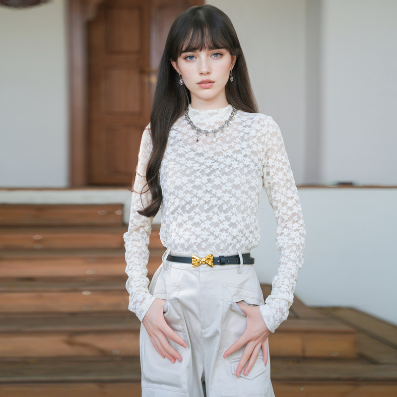 谜底蕾丝T恤长袖女2025秋新款复古文艺提花薄款内搭上衣257MT7858