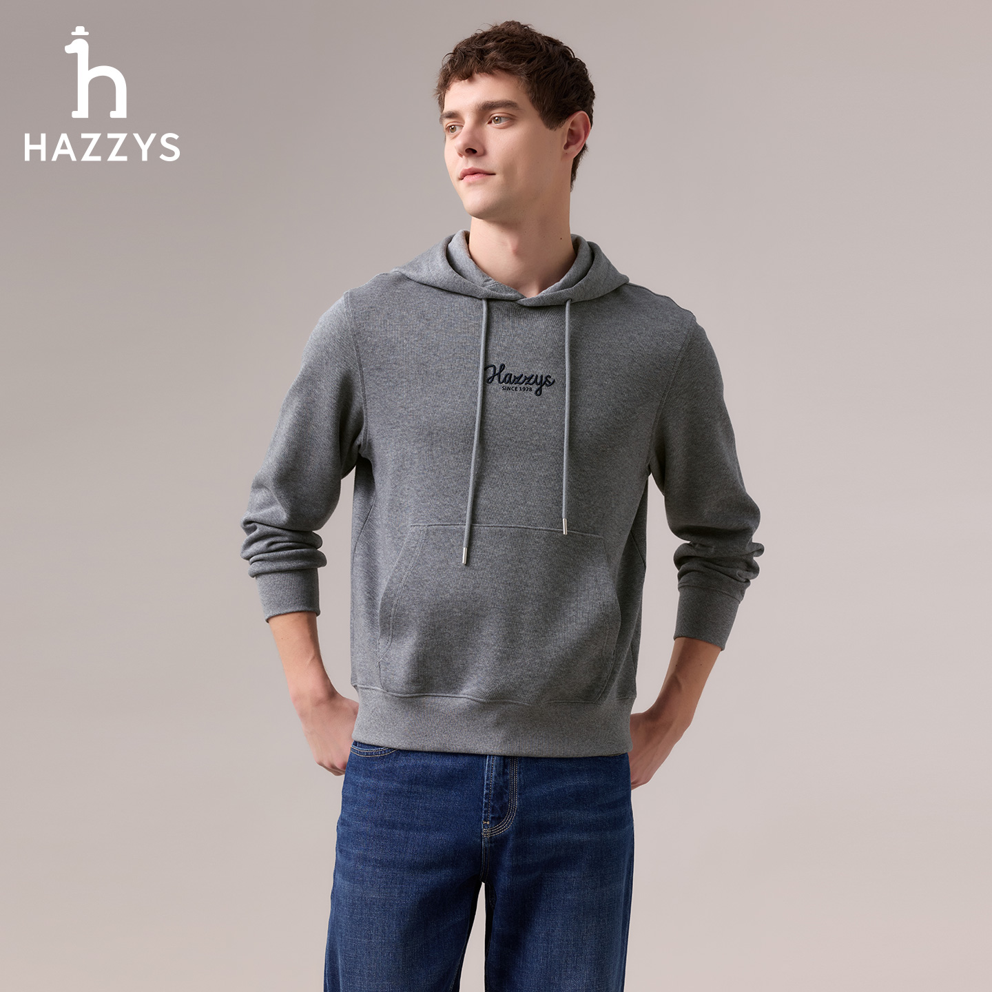 【商场同款】HAZZYS哈吉斯秋冬季男士套头宽松卫衣连帽简约时尚长袖