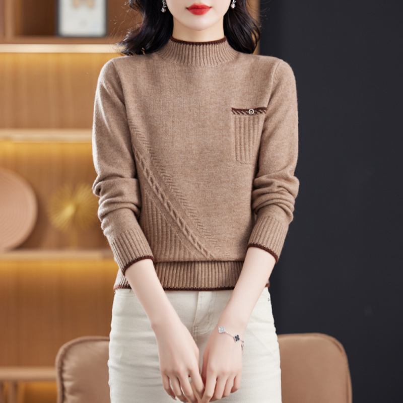 DILAN狄岚【羊毛拼色套头毛衣】妈妈装毛针织衫打底衫