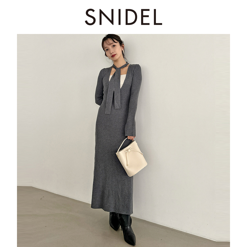 SNIDEL优雅深V领系带修身针织连衣裙SWNO245067