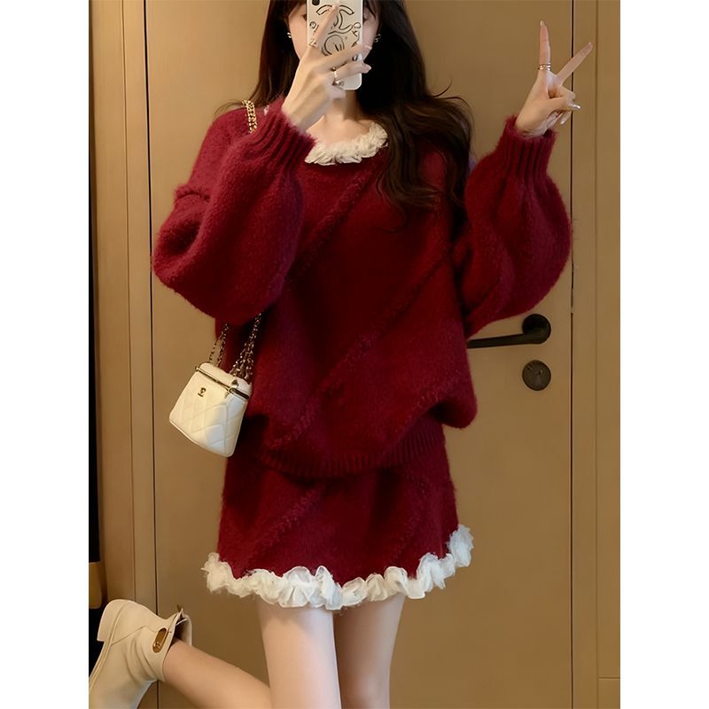 针织套装女2025新款秋冬慵懒风穿搭套装上衣短裙两件套毛衣#0001