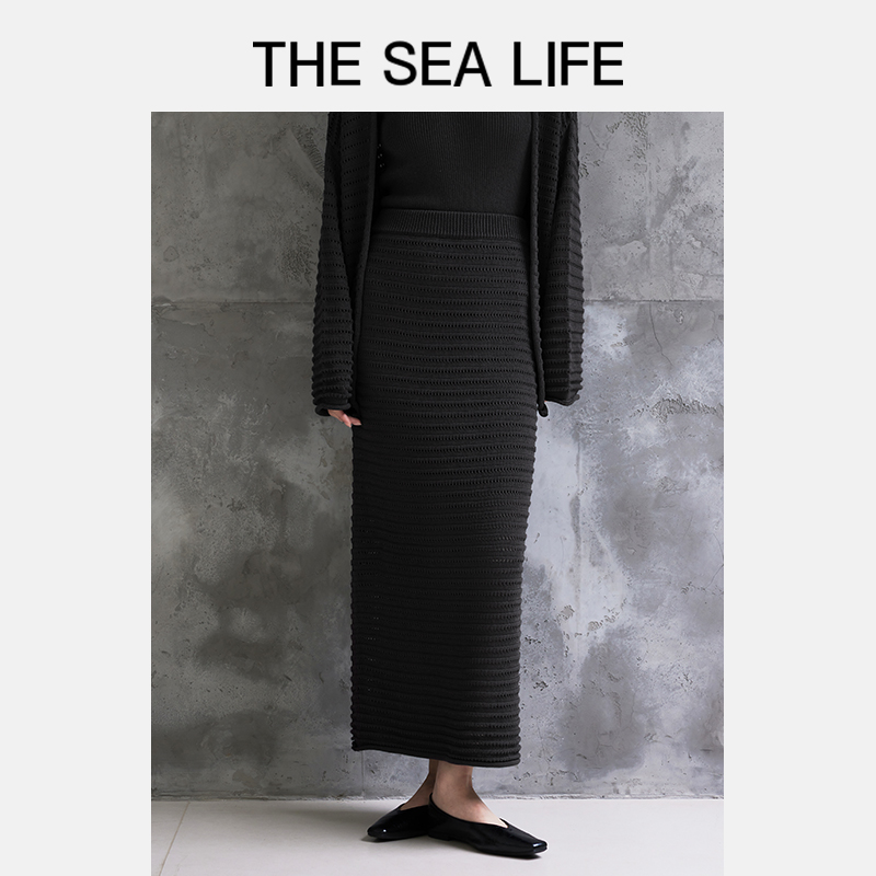 欧海一生 高腰直筒半身裙女2025秋镂空针织半裙thesealife10015