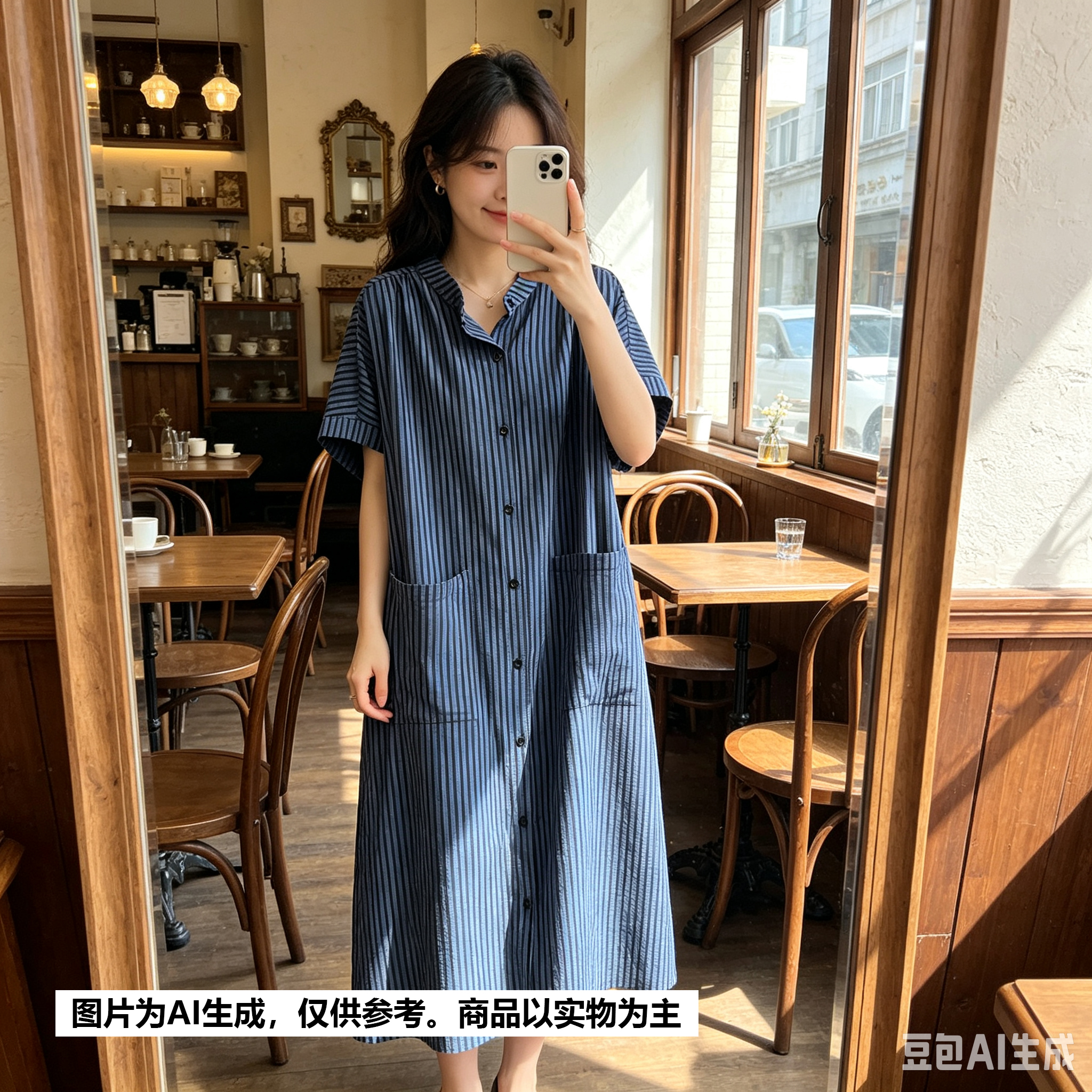 【Annie 223-240-244-245】夏款竖条纹开扣宽松大码显瘦连衣裙长裙