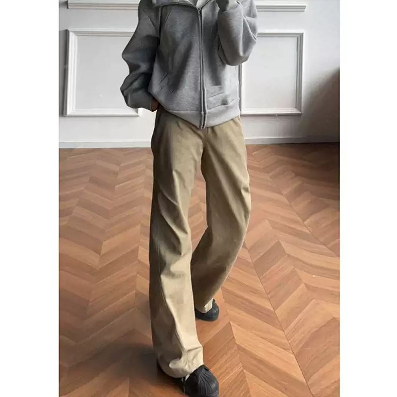 卡其色vintage古着裤子美式复古迷彩纹褶皱工装裤男款微喇弯刀裤