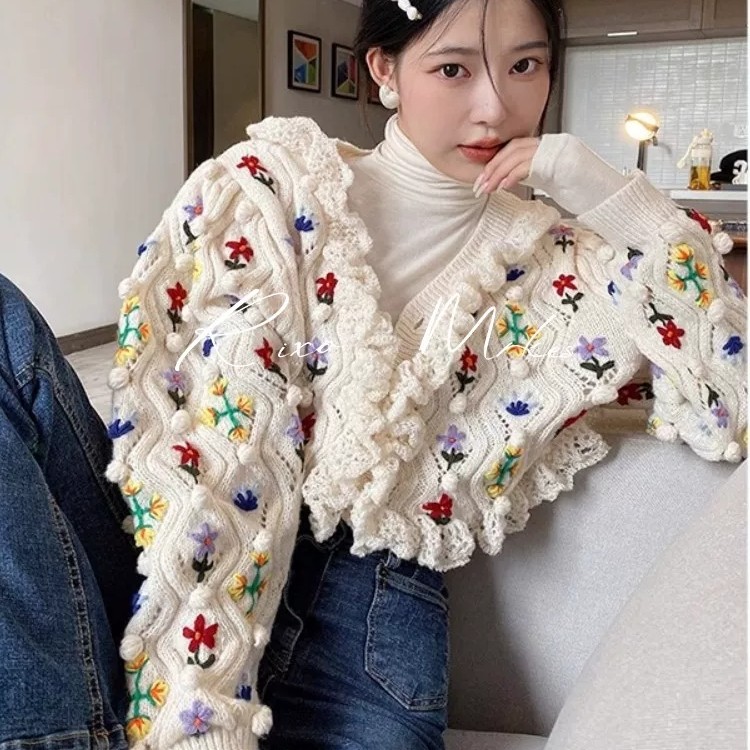 71号 手工棒针织法式重工花朵小众设计感麻花木耳边开衫毛衣