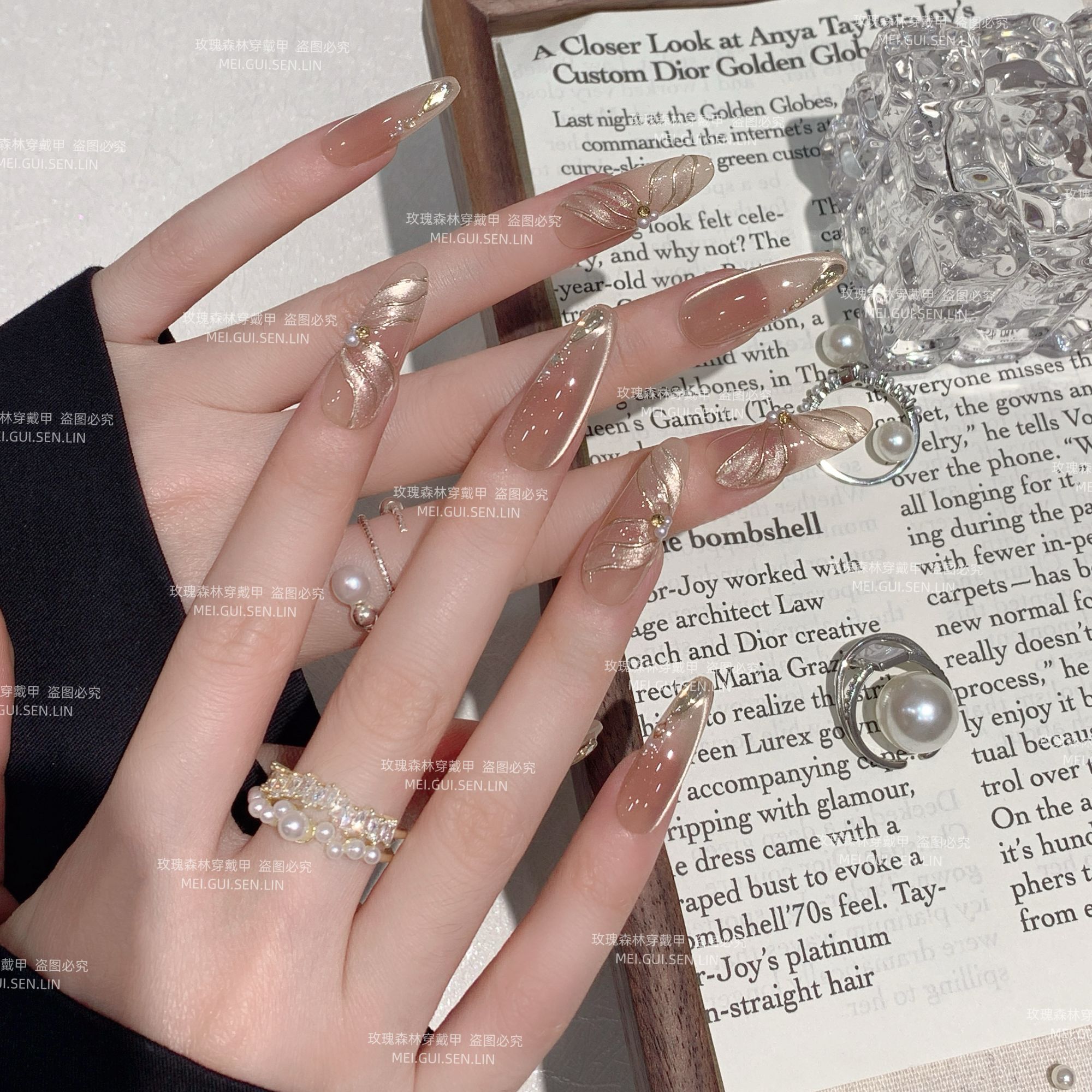 金丝绸～玫瑰森林立体金色飘带款猫眼美甲高级感显白手工穿戴甲