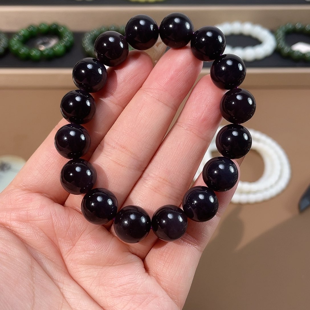 和田玉手链未镶嵌12烟紫