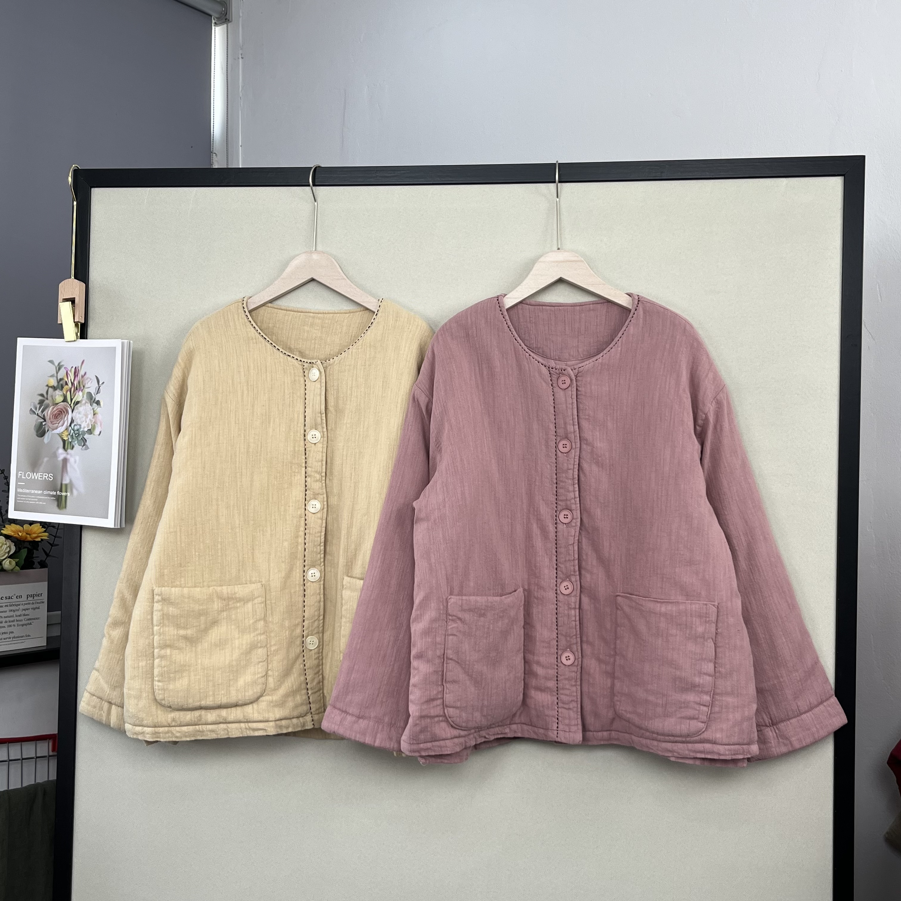 秋冬女新款汉麻手工拱针圆领棉袄夹棉上衣宽松棉服