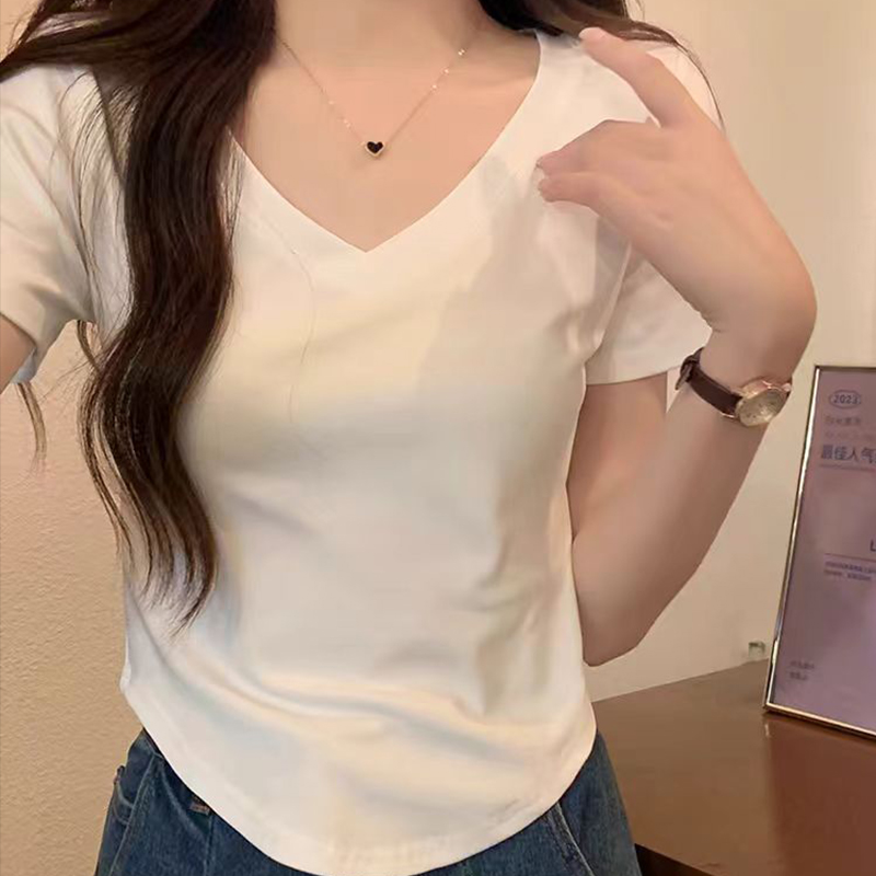 【小个子专属】2025款白色V领正肩短袖t恤女内搭纯色百搭打底衫上衣